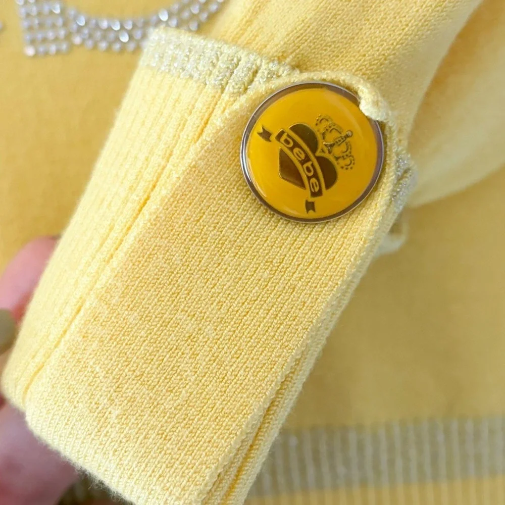 Bebe Y2K Yellow Rhinestone Logo V Neck Sweater Top Metallic Striped - Picture 3 of 4